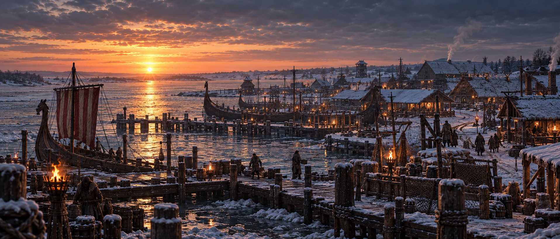A winter timber settlement and longships on Læsø’s flat coastline